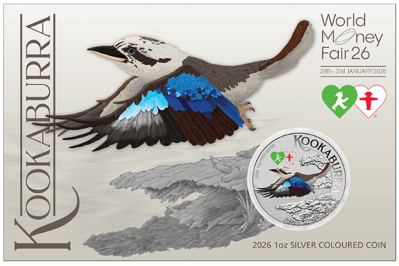 World Money Fair - Coin Show Special Australian Kookaburra 2026 1oz Silver Coloured Coin in Card