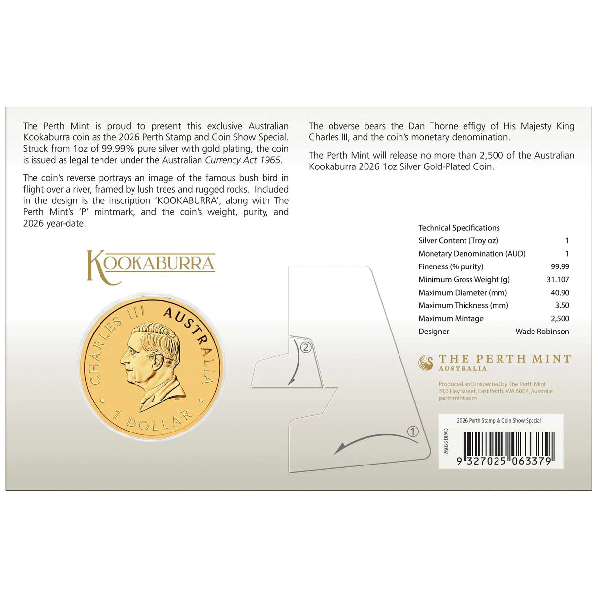 Perth Stamp and Coin Show Special Kookaburra 2026 1oz Silver Gold-Plated Coin in Card