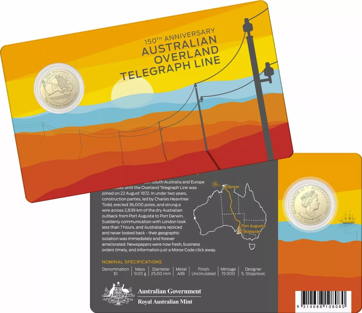 2022 $1 150th Anniversary Australian Overland Telegraph Line Uncirculated Carded Coin - Nova Coins