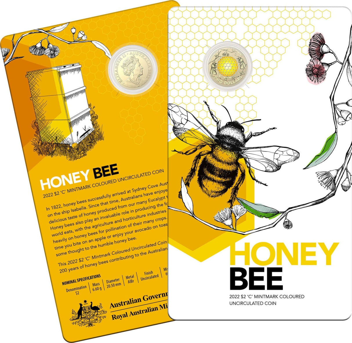 2022 $2 Honey Bee 'C' Mintmark Coloured Uncirculated Coin