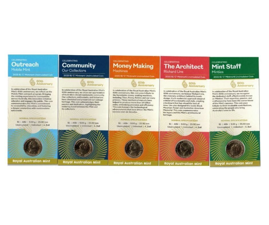 2025 $1 60th Anniversary of Royal Australian Mint Set of 5 UNC C Mintmark Cards - Nova Coins