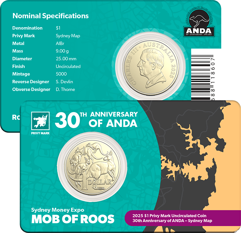 2025 $1 Mob of Roos with Sydney Map Privy Mark - Sydney ANDA Money Expo - Nova Coins