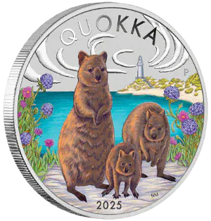 Silver coin featuring quokkas, flowers, and a lighthouse with 'Quokka' text.