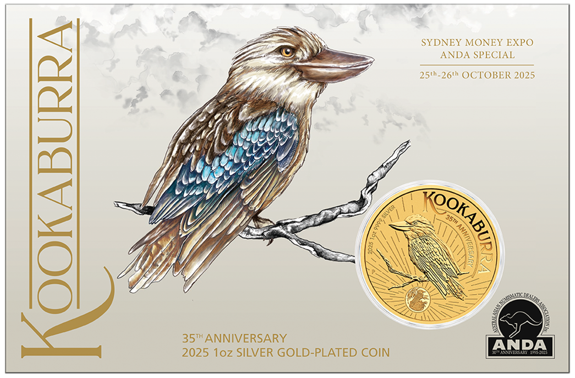 35th Anniversary of the Australian Kookaburra 2025 1oz Silver Gold-Plated Coin in Card -ANDA Sydney Money Expo 25