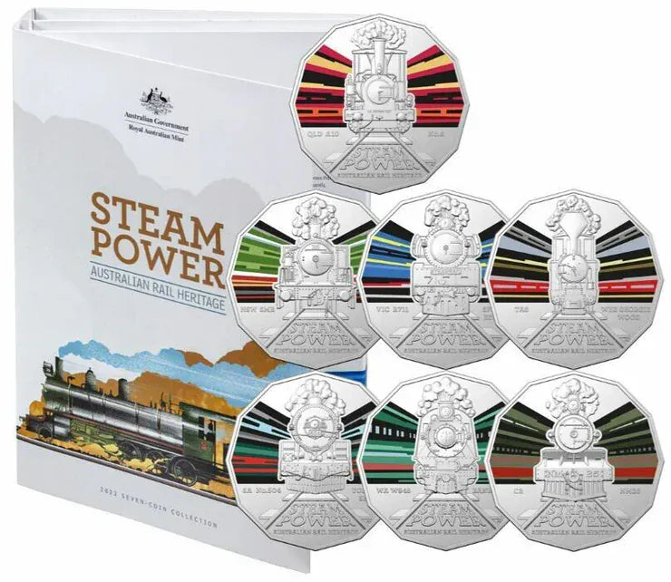 2022 Australian Steam Trains 50c Coin - Complete 7 Coin Set with folder