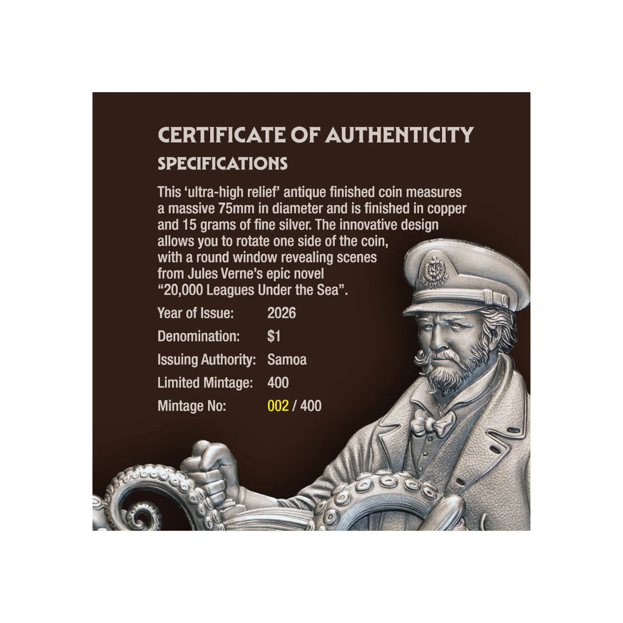 20,000 Leagues under the Sea 2026 $1 High Relief Rotating Silver & Copper Bimetal Antique Coin