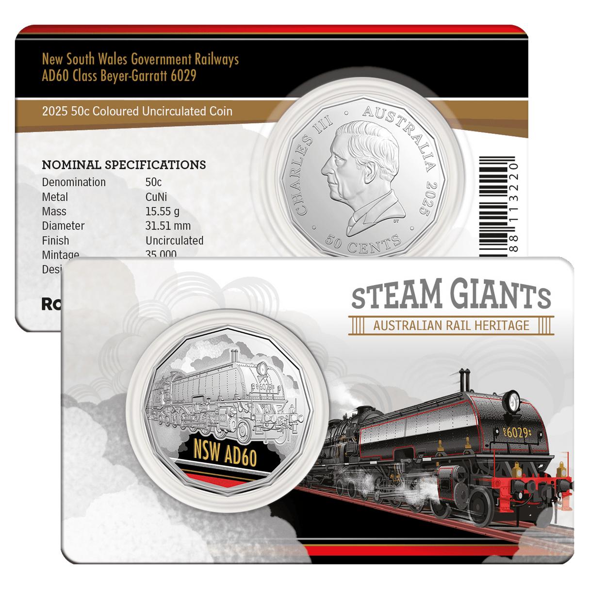 2025 50c Coloured Uncirculated Coin in Card - New South Wales Government Railways AD60 Class Beyer-Garratt 6029
