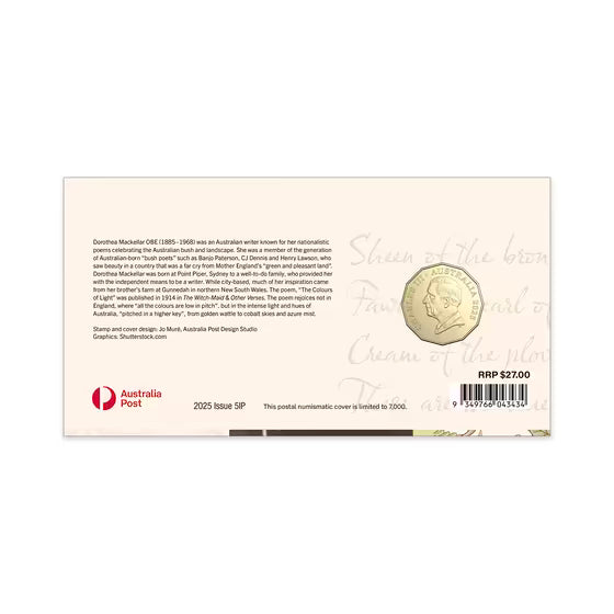Dorothea Mackellar – Colours of Light 2025 50c Postal Numismatic Cover (PNC)