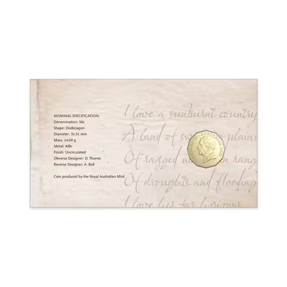 Dorothea Mackellar PNC – My Country 2025 50c Postal Numismatic Cover