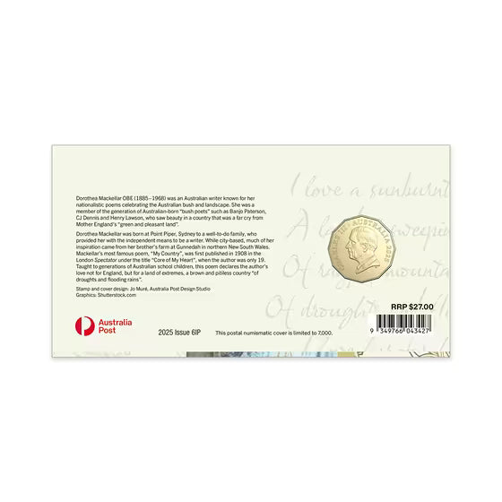 Dorothea Mackellar PNC – My Country 2025 50c Postal Numismatic Cover