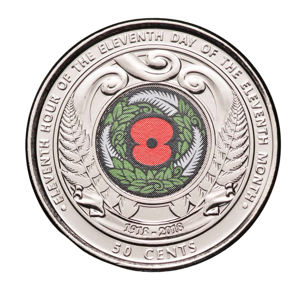 2018 New Zealand 50 Cent - Coloured Coin - Armistice Red Poppy - Uncirculated 50c