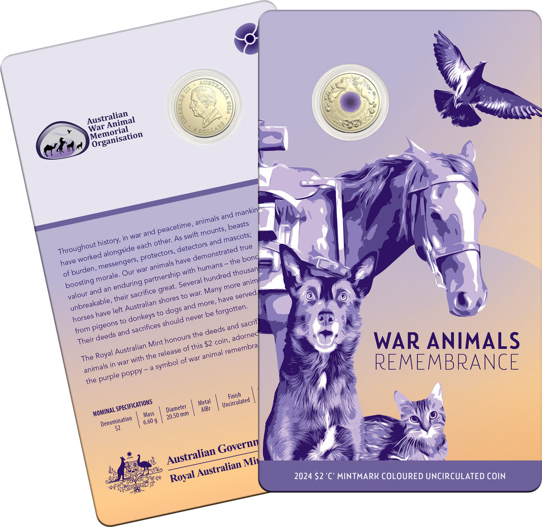 War Animals Remembrance 2024 $2 C Mintmark Coloured Uncirculated Coin - Purple poppy