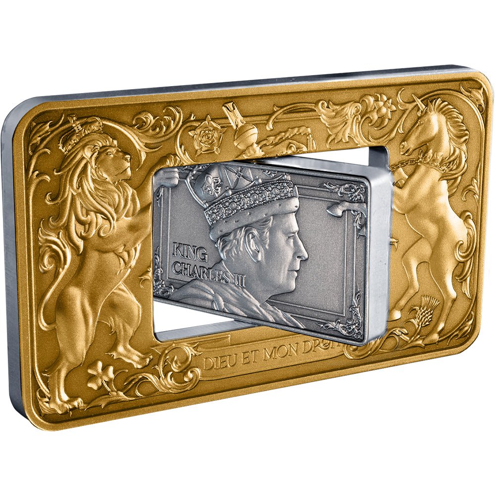 Elizabeth II & Charles III 2026 $5 Revolving Rectangle Gold-plated 2oz Silver Antique Coin