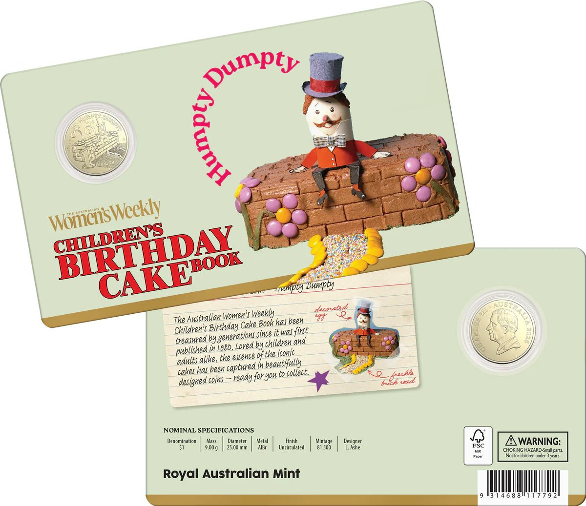 AWW Birthday Cake Humpty Dumpty 2025 $1 Uncirculated Coin in Card - Nova Coins
