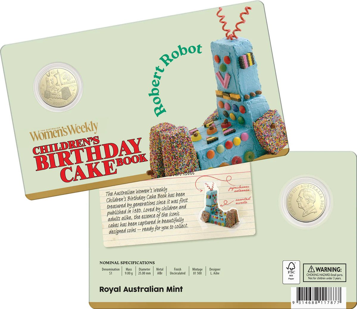 AWW Birthday Cake Robert Robot 2025 $1 Uncirculated Coin in Card - Nova Coins