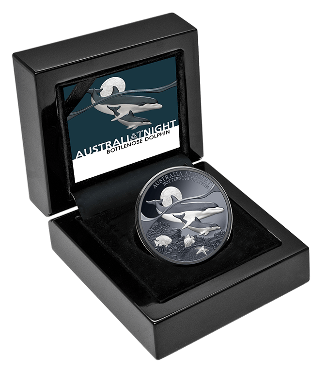 Australia At Night - 2025 Bottlenose Dolphin $1 1oz Silver Black Proof Coin