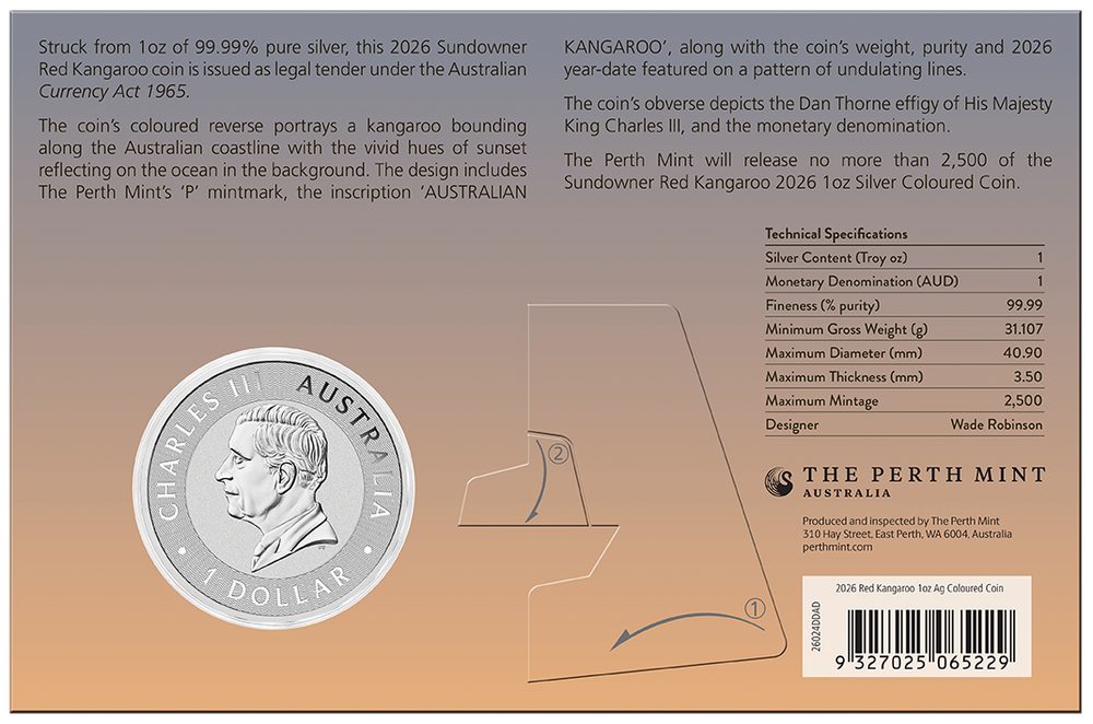 Sundowner Red Kangaroo 2026 $1 1oz Silver Coloured Coin in Card