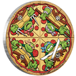 Circular pizza-shaped coin with cartoon teenage mutant ninja turtle characters and weapons on a white background