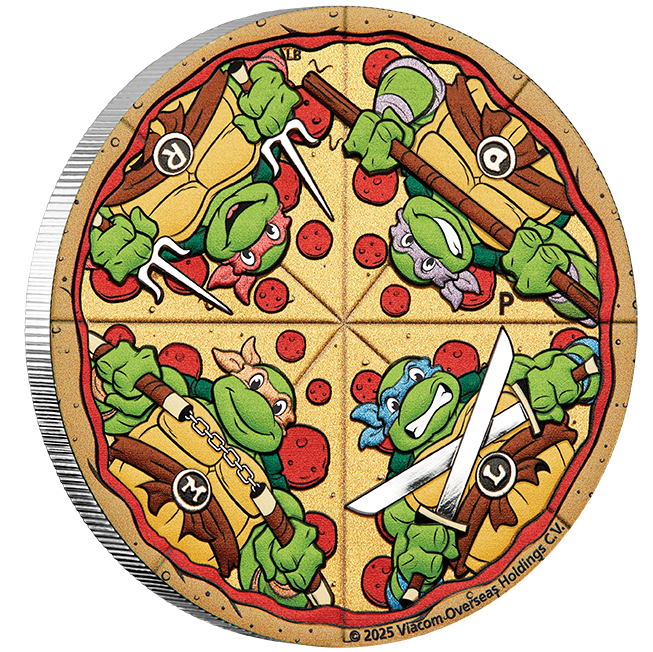 Circular pizza-shaped coin with cartoon teenage mutant ninja turtle characters and weapons on a white background