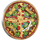 Circular pizza-shaped coin with cartoon teenage mutant ninja turtle characters and weapons on a white background