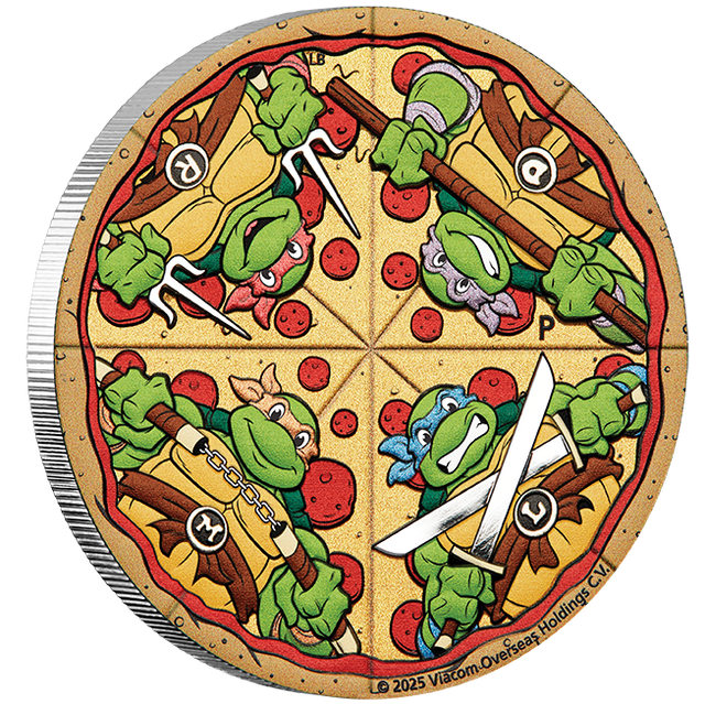 Circular pizza-shaped coin with cartoon teenage mutant ninja turtle characters and weapons on a white background