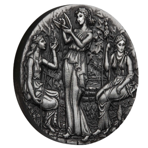 Decorative medallion with three figures in classical attire on a white background