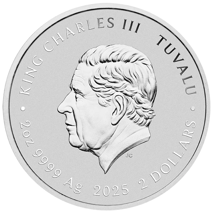 Silver coin with King Charles III's profile and text indicating Tuvalu and year of minting.