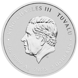 Silver coin with King Charles III's profile and text indicating Tuvalu and year of minting.