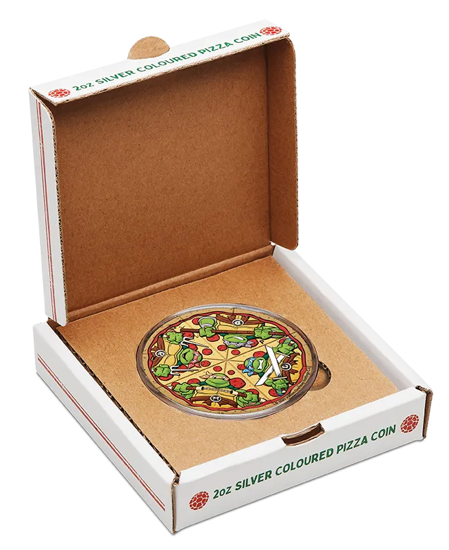 2oz silver colored pizza coin in a box