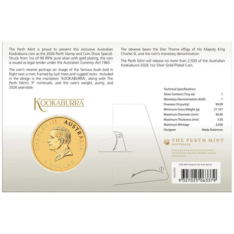 Perth Stamp and Coin Show Special Kookaburra 2026 1oz Silver Gold-Plated Coin in Card