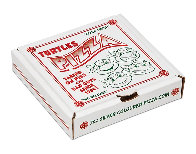 Pizza box with cartoon turtles design and text on a white background