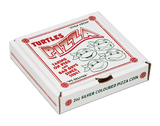 Pizza box with cartoon turtles design and text on a white background