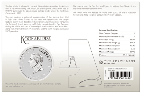 World Money Fair - Coin Show Special Australian Kookaburra 2026 1oz Silver Coloured Coin in Card