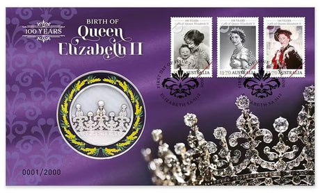 Stamps and commemorative item celebrating the birth of Queen Elizabeth II on a purple background
