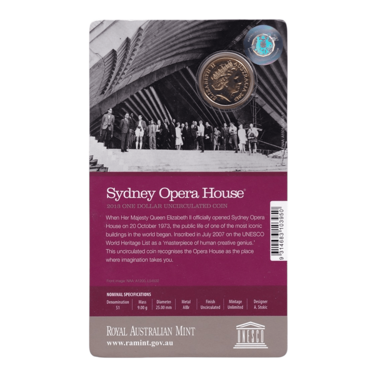 2013 1 Dollar Uncirculated Coin Sydney Opera House Carded Coin - Nova Coins