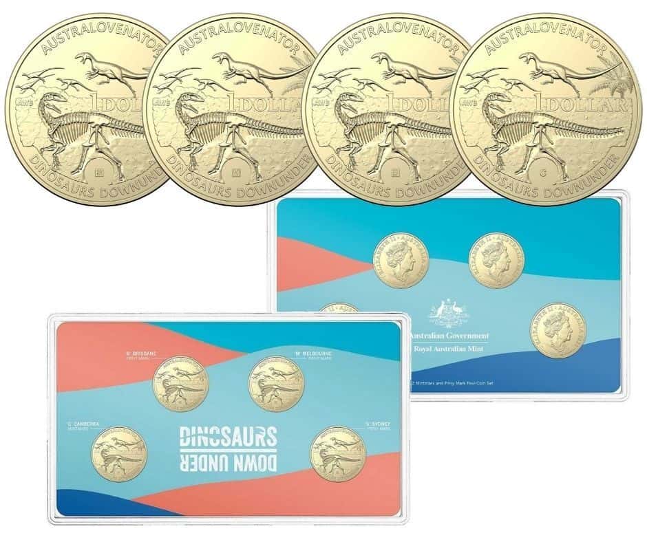 2022 $1 Dinosaurs Down Under 4 Coin Privy Mark Uncirculated Set