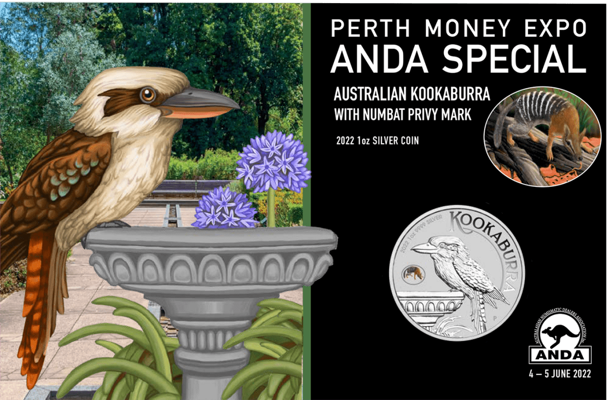 2022 $1 Kookaburra ANDA Perth Money Expo Coloured Numbat Privy - Nova Coins