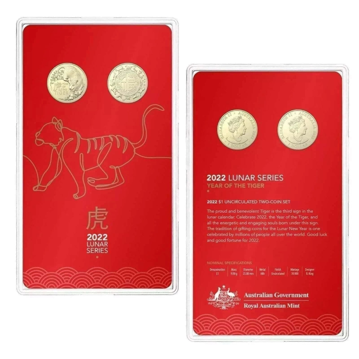 2022 Lunar Year of the Tiger $1 Uncirculated 2 Coin Set - Nova Coins