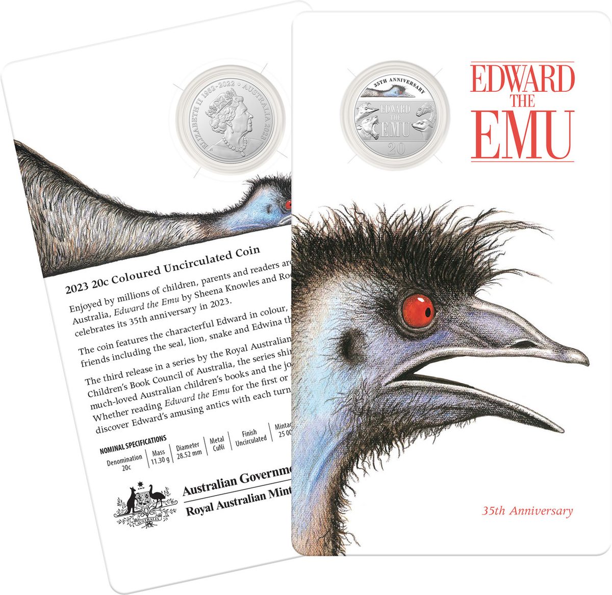 2023 20c Edward the Emu 35th Anniversary Coloured Coin in Card