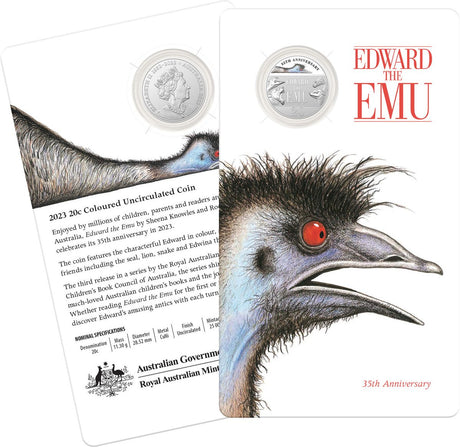 2023 20c Edward the Emu 35th Anniversary Coloured Coin in Card