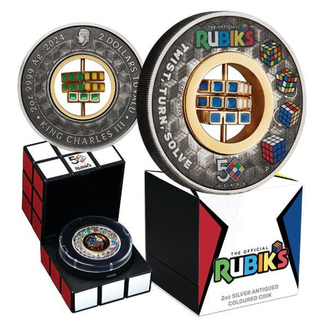 2024 Rubik’s™ Cube 50th Anniversary 2oz Silver Antiqued Coloured Coin - Nova Coins