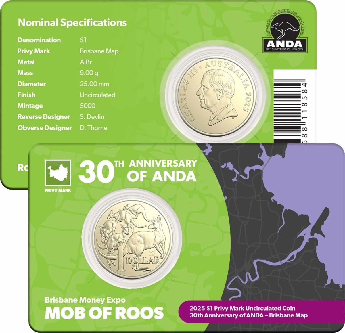 2025 $1 30th Anniversary of ANDA Brisbane Money Expo - Mob of Roos Privy Mark - Nova Coins