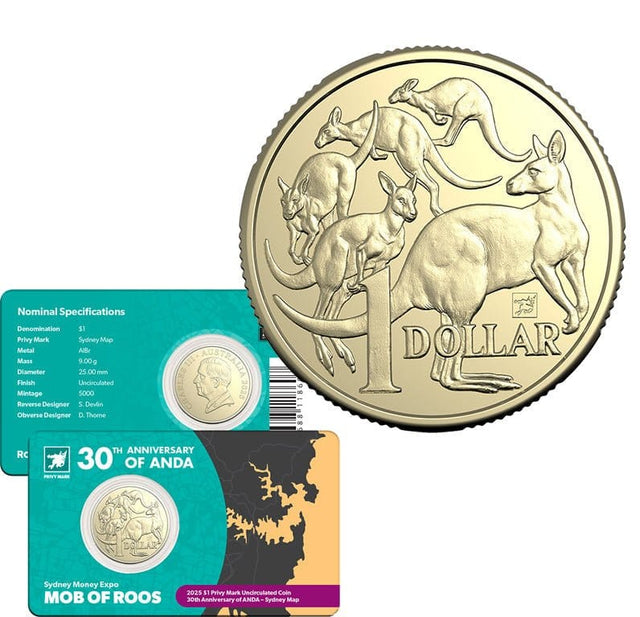 2025 $1 Mob of Roos with Sydney Map Privy Mark - Sydney ANDA Money Expo - Nova Coins