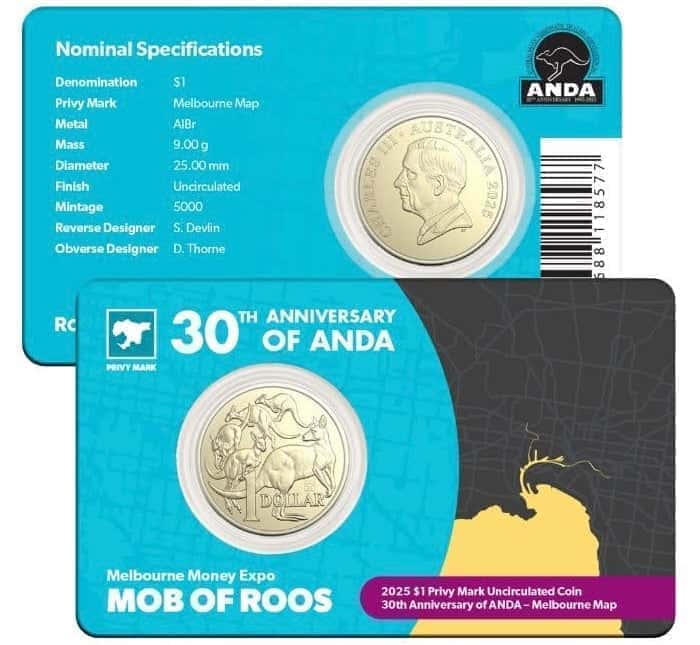 2025 ANDA Melbourne Money Expo - $1 Mob of Roos Melbourne Map Privy Mark Uncirculated Coin - Nova Coins