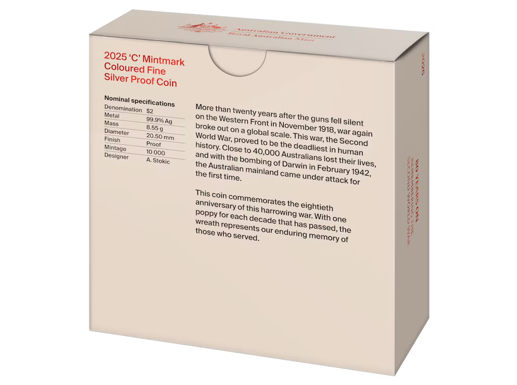 2025 $2 'C' Mintmark Coloured Fine Silver Proof Coin – 80 Years On: Remembering the Second World War