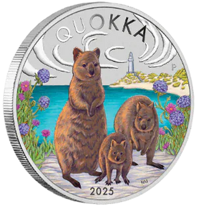 Silver coin featuring quokkas, flowers, and a lighthouse with 'Quokka' text.