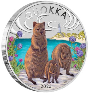 Silver coin featuring quokkas, flowers, and a lighthouse with 'Quokka' text.