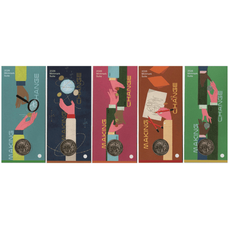 Set of six colorful book covers with illustrated hands and coins, titled 'Making Change'.