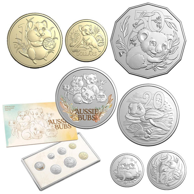 Collection of coins featuring koalas and other animals with a display card on a white background.
