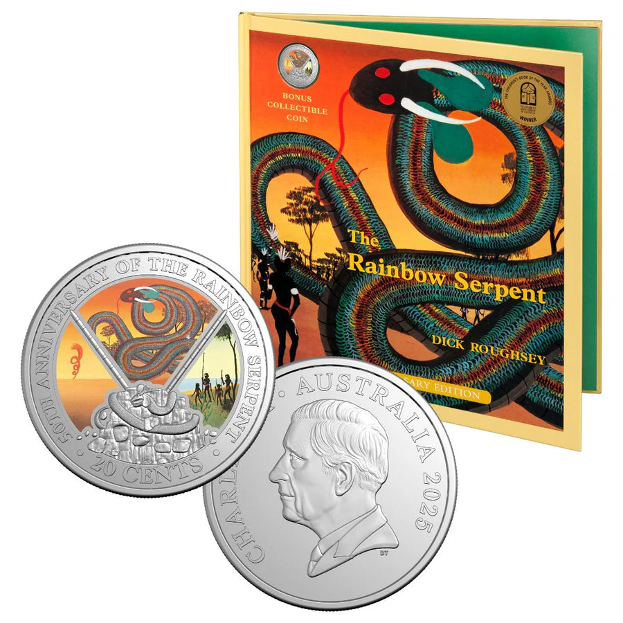 The Rainbow Serpent 50th Anniversary 2025 20c Colour Uncirculated Coin & Special Edition Book
